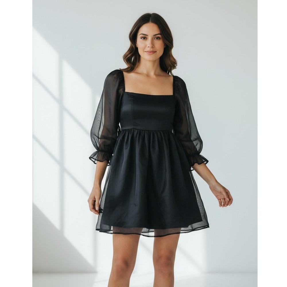 THIRTY THIRTY LA Babydoll‎ Mini Dress XS Sheer Lined Black Smocked Dark Romantic